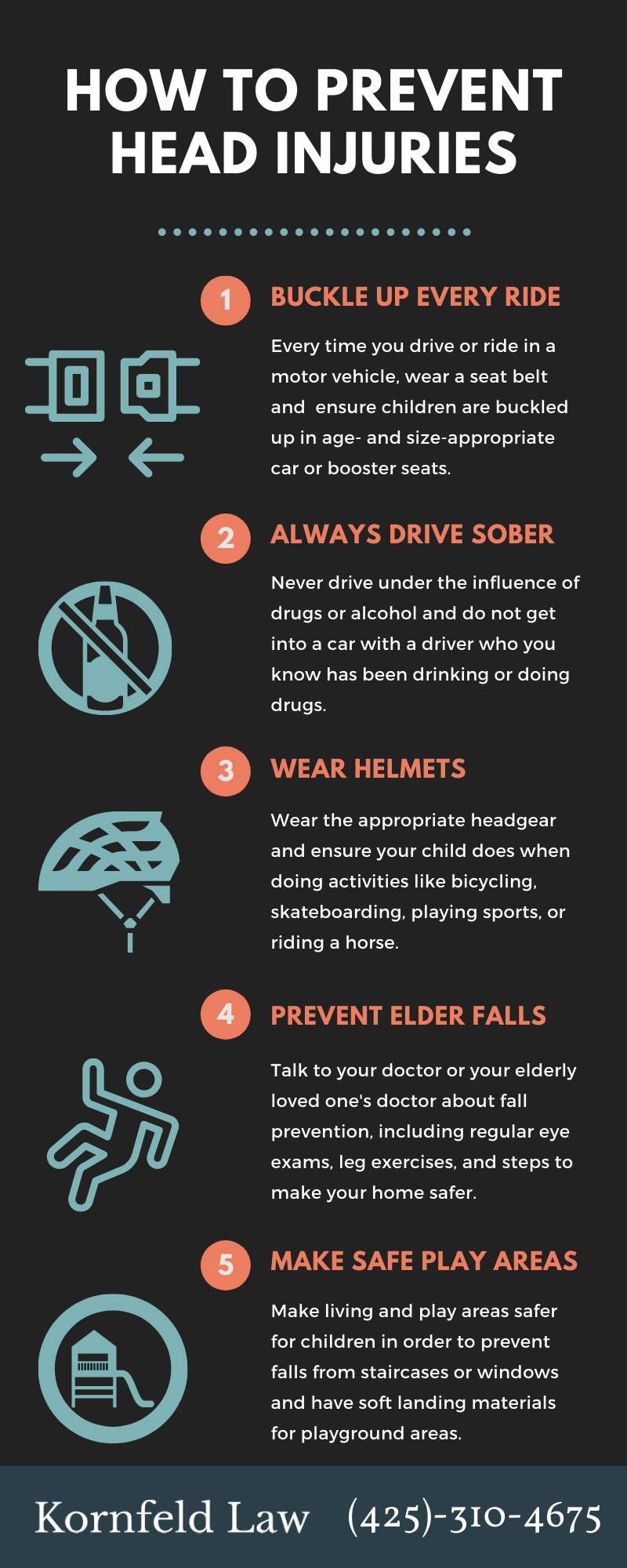 Inforgraphic: How To Prevent Head Injuries: 1. Buckle up every ride; 2. Always drive sober; 3. Wear helmets; 4. Prevent elder